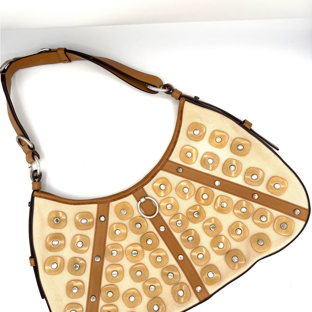 Yves Saint Laurent YSL Tan and Beige Grommet Stud Mombasa Bag